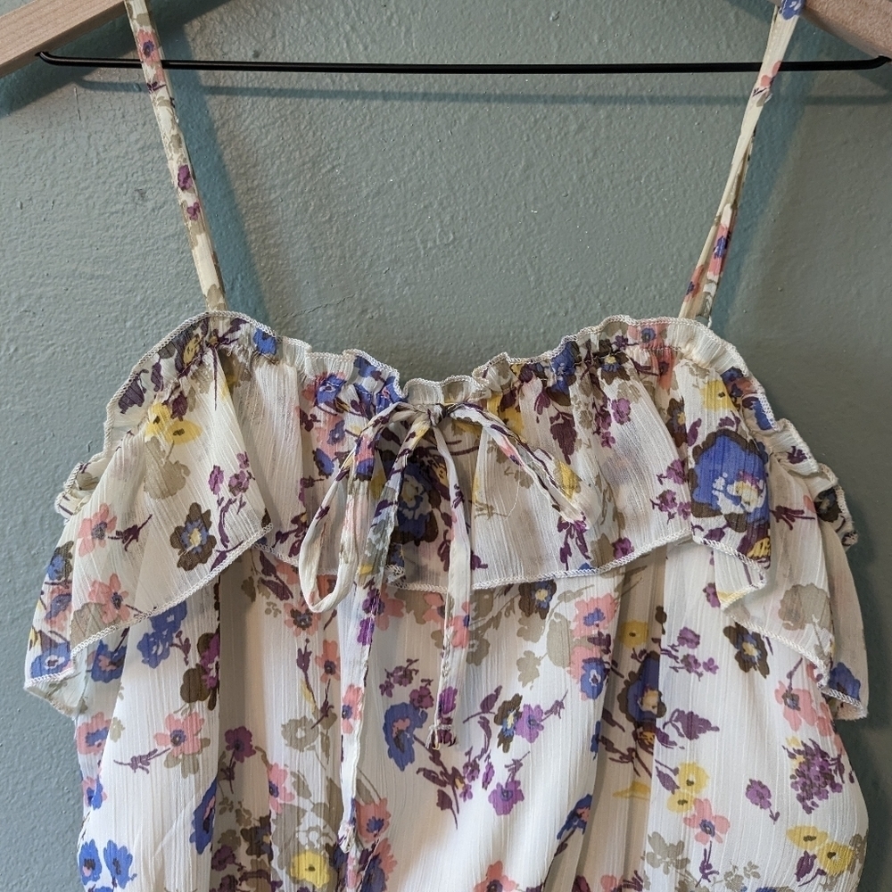 Floral Fairy Coquette Cottage Core Cream Crape Mini Babydoll Dress Size M - Picture 2 of 6
